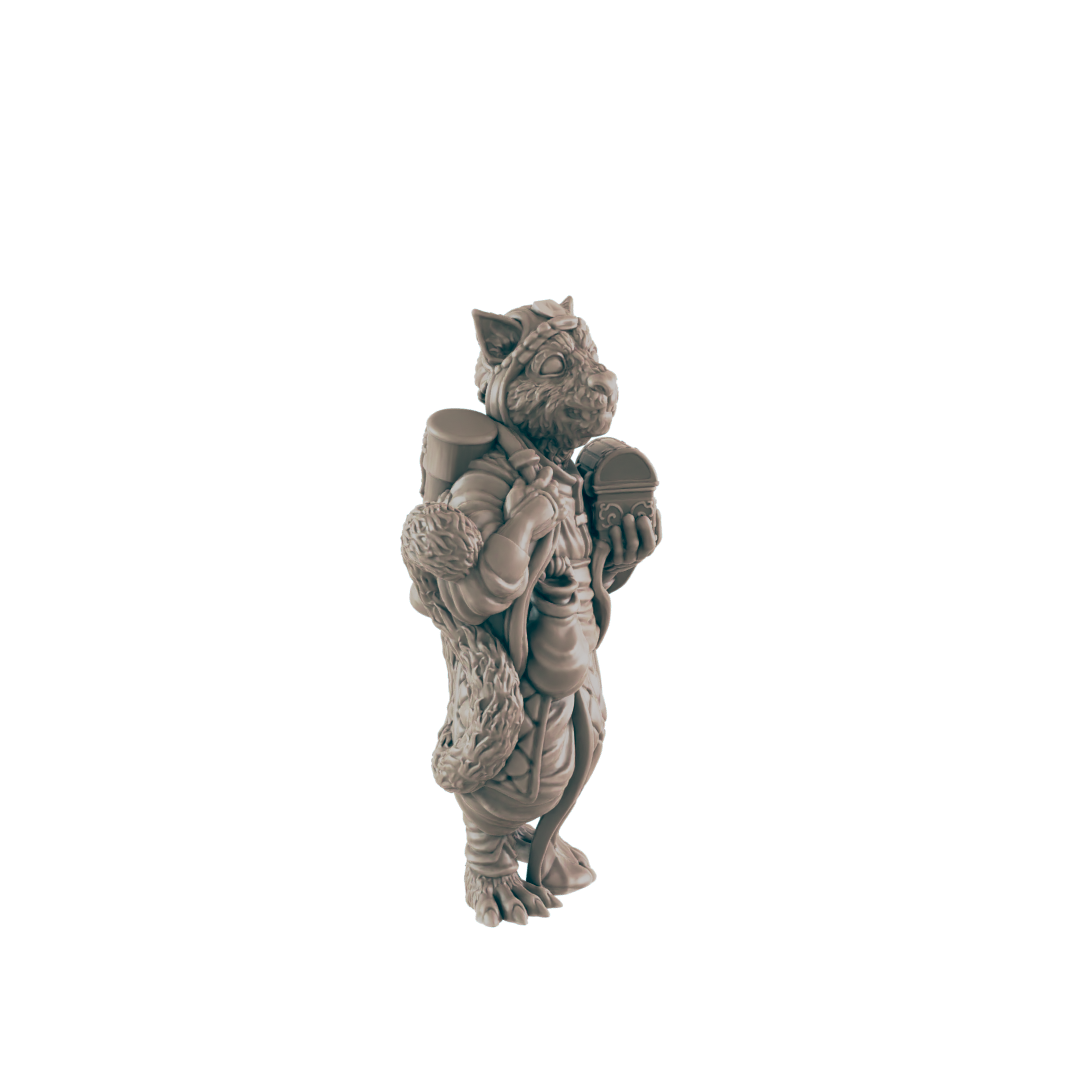 A miniature figurine of a wolf-like creature carries a backpack and chest, standing against a dark background.