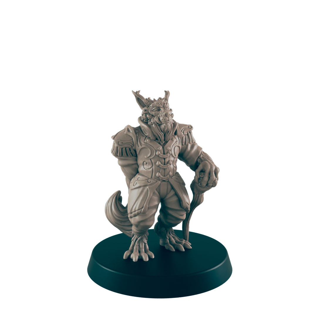 A gray, anthropomorphic wolf figurine, dressed in ornamental clothes, leans on a walking stick on a black base, set against a solid black background.