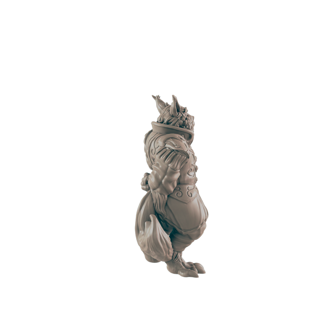 A sculpted, grey figurine of a creature, possibly a fox or rabbit in ornate clothing, stands on a dark background.