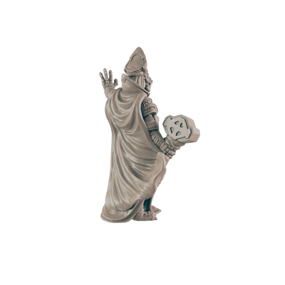 A robed figure in a headdress stands on an unseen surface, their left hand raised, and their right hand clutching a rock-like object with geometric carvings.