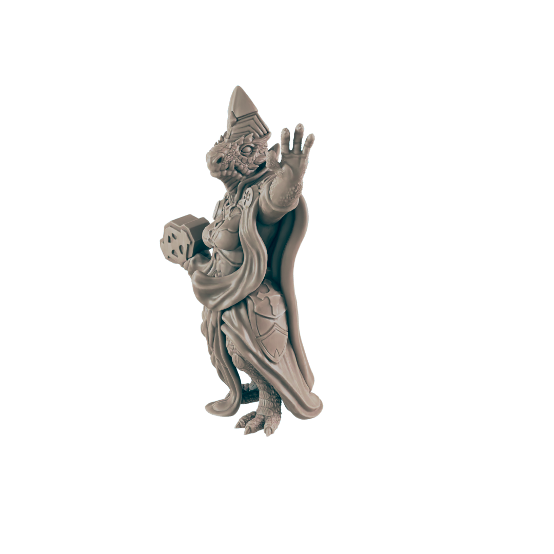 Clay-colored lizardperson wearing a cloak stands, holding a multi-sided die in one hand, as the other is raised, against a dark blue backdrop.