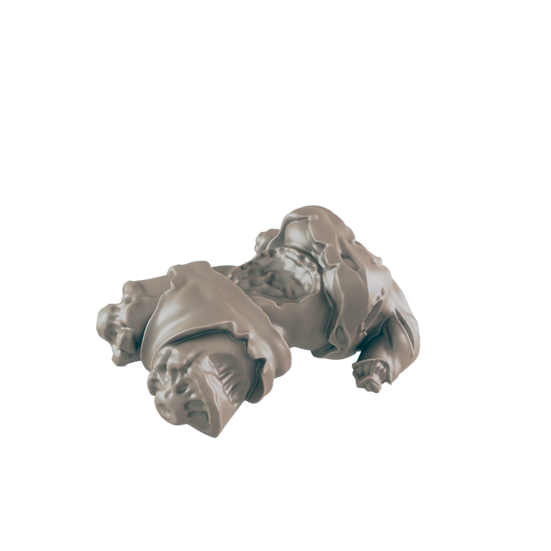 A clay-colored, grotesque, two-headed figure, appears to be lying in an undeterminate position, on a black background.
