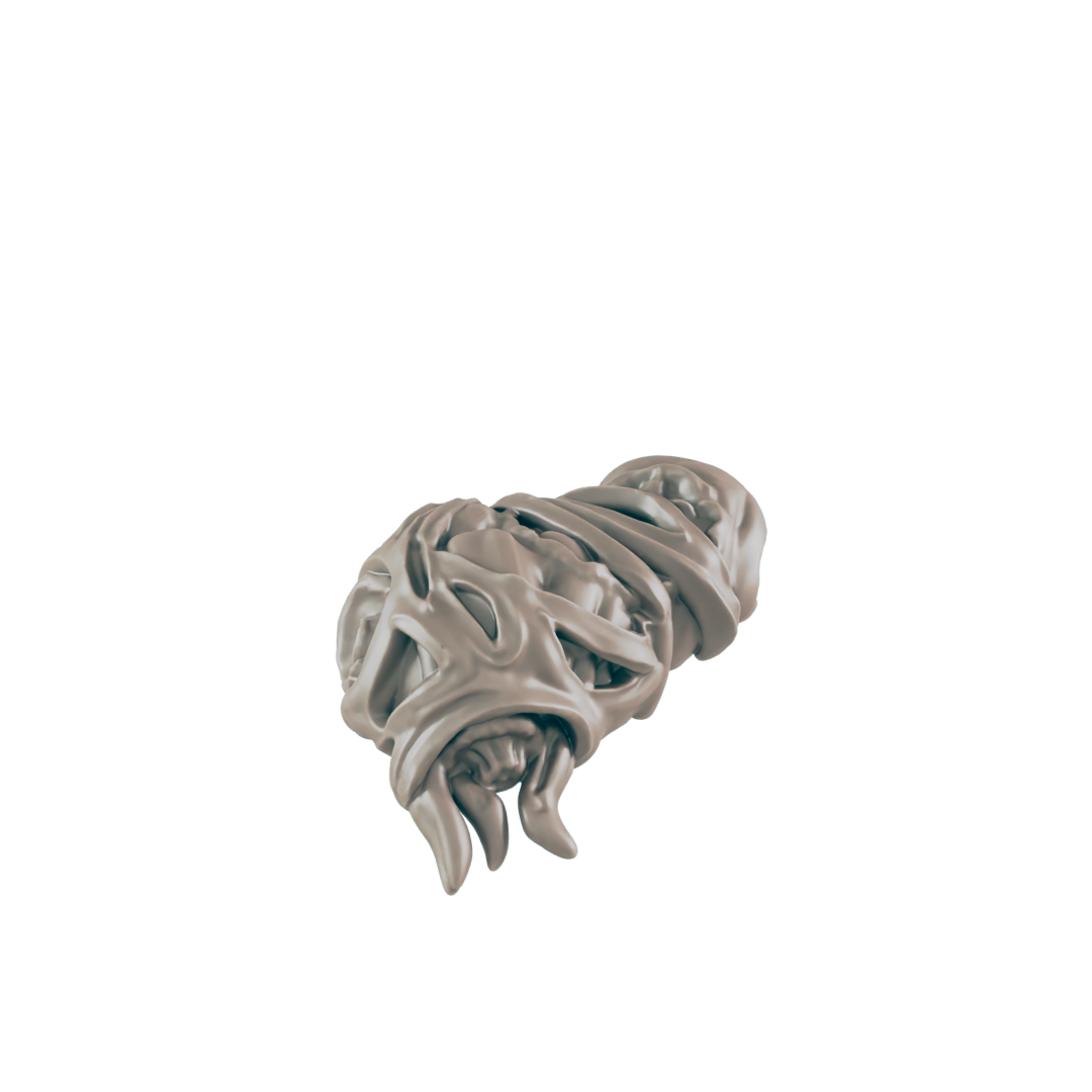 A grey, abstract, tangled, and distorted object with multiple holes hovers mid-air, against a black background.