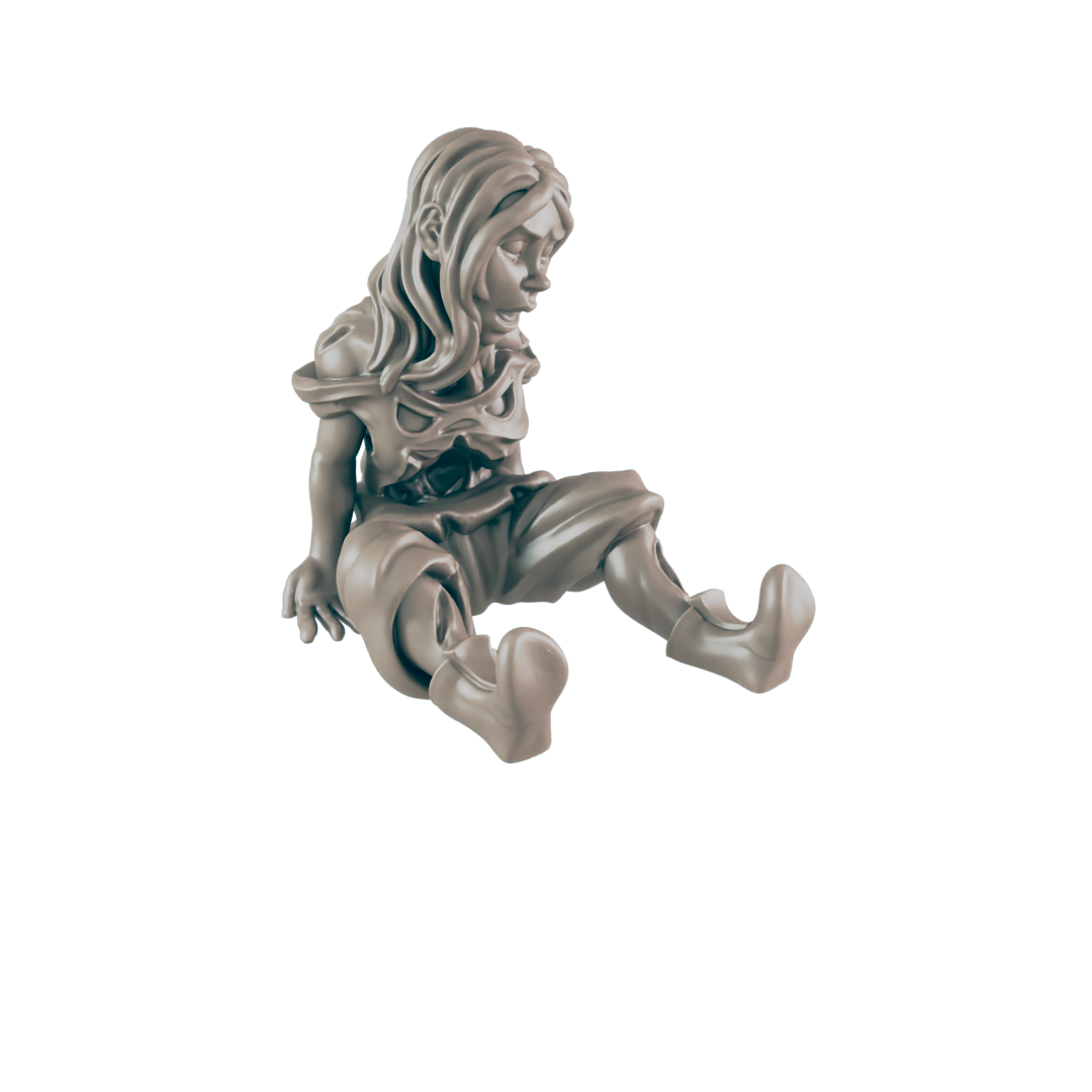 A despondent, grey figurine of a girl sits with loose, long hair and a torn dress. She stares down at the unseen ground with hunched posture.