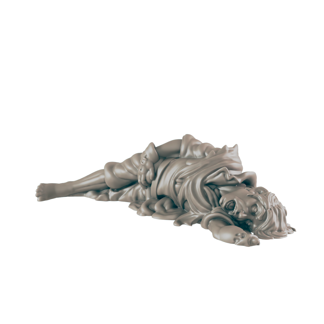 A figure in a simple gown lies prone, apparently dead. The figure has an open mouth and is surrounded by snakelike forms. The background is solid black.