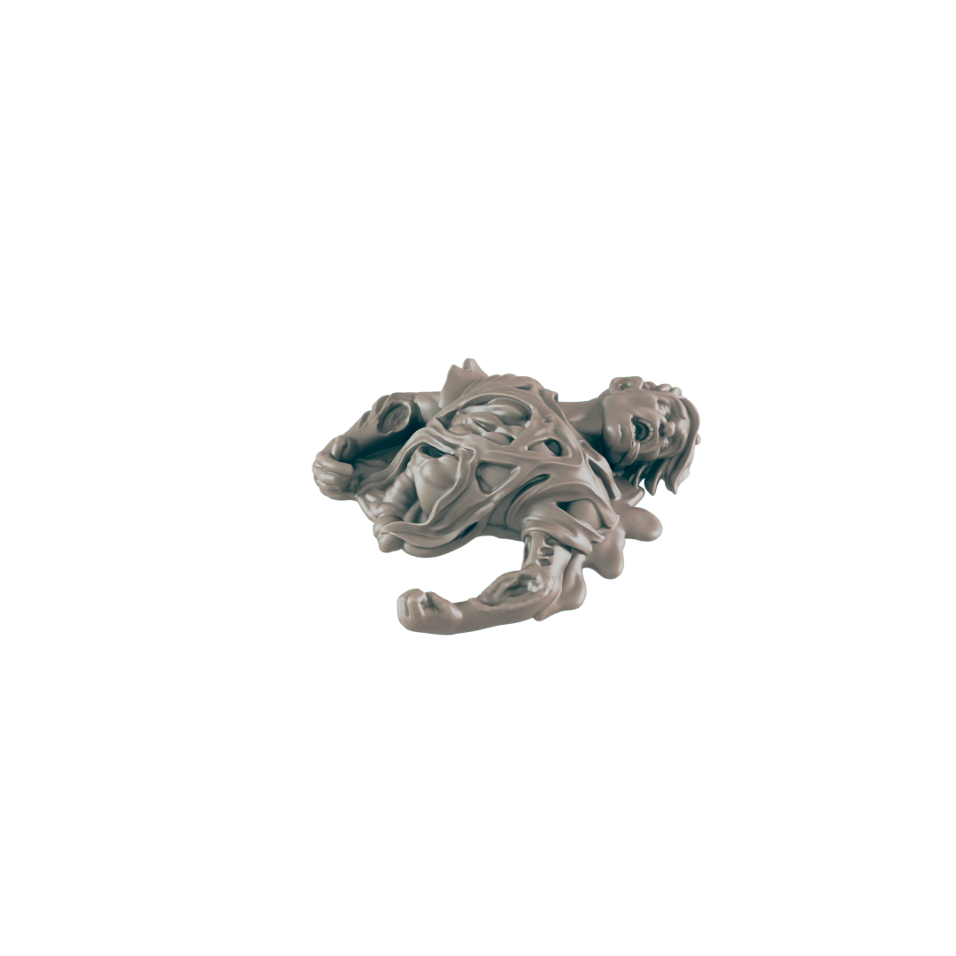 A light greyish-brown figurine lies prone. It is humanoid but covered in thick strands resembling dried vines, on a black background.