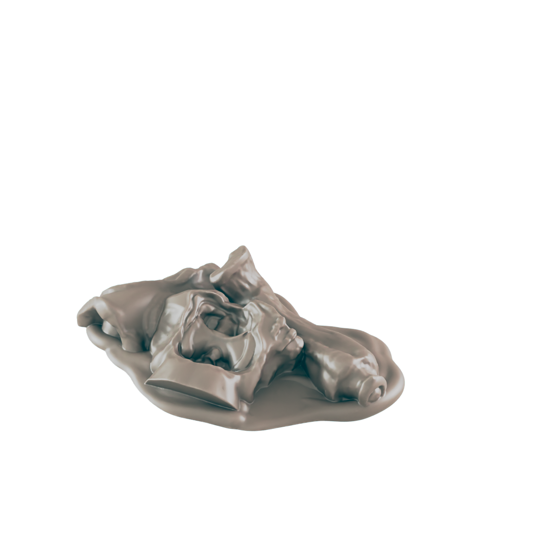 A crumpled, light-brown figure, perhaps wax or clay, rests in a pool of the same substance, all against a stark black background.