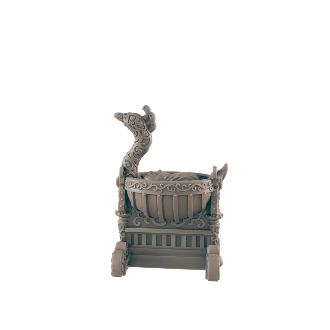 An ornate, miniature, wheeled baby carriage sits stationary against a black background. The carriage has scrollwork detail and a tall decorative swan neck ornament at one end.