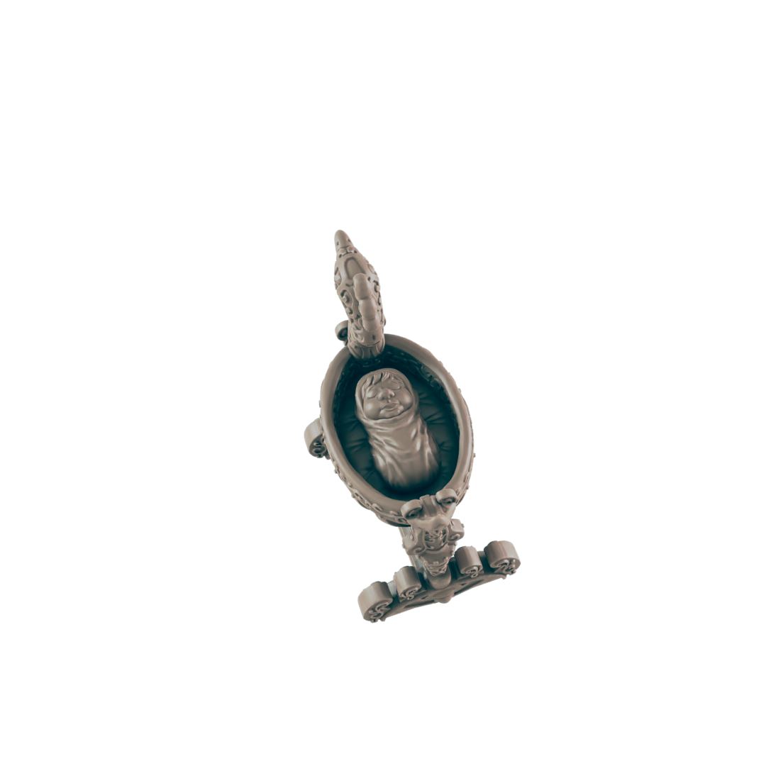 A statuette features a baby sleeping in a highly ornamented oval cradle which is attached to a base in a dark blue, monochrome setting.