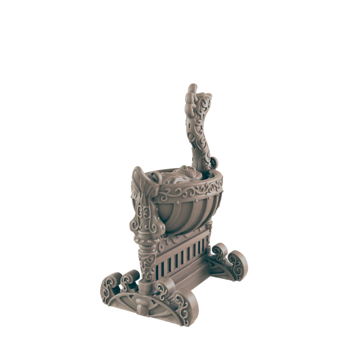 An ornate crib sits on a dark background, and holds an infant. An ornate arm extends from the head of the crib.