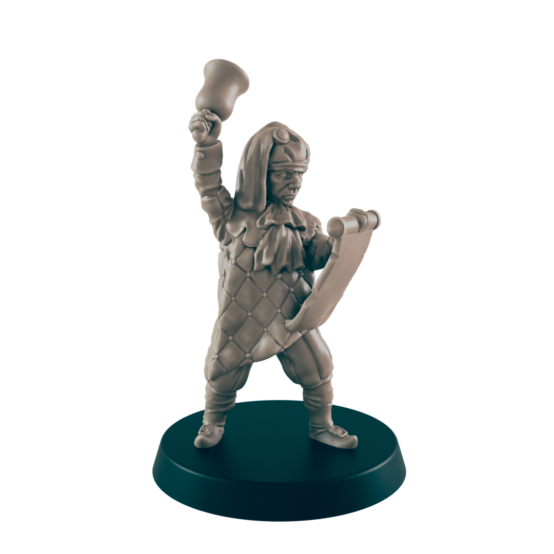 A miniature jester figure raises a bell while holding a scroll; it stands on a circular base against a dark background.