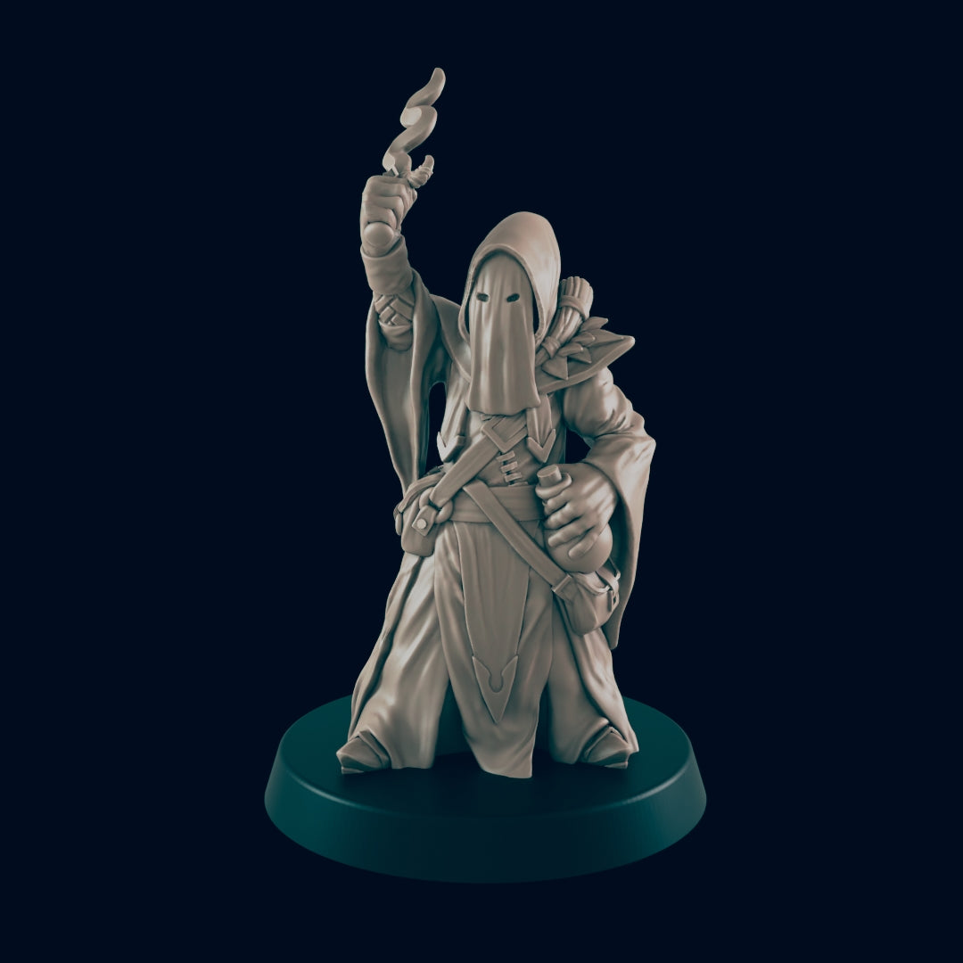 The hooded figurine raises a snake-shaped item aloft, posed on a circular base. The background is plain black.