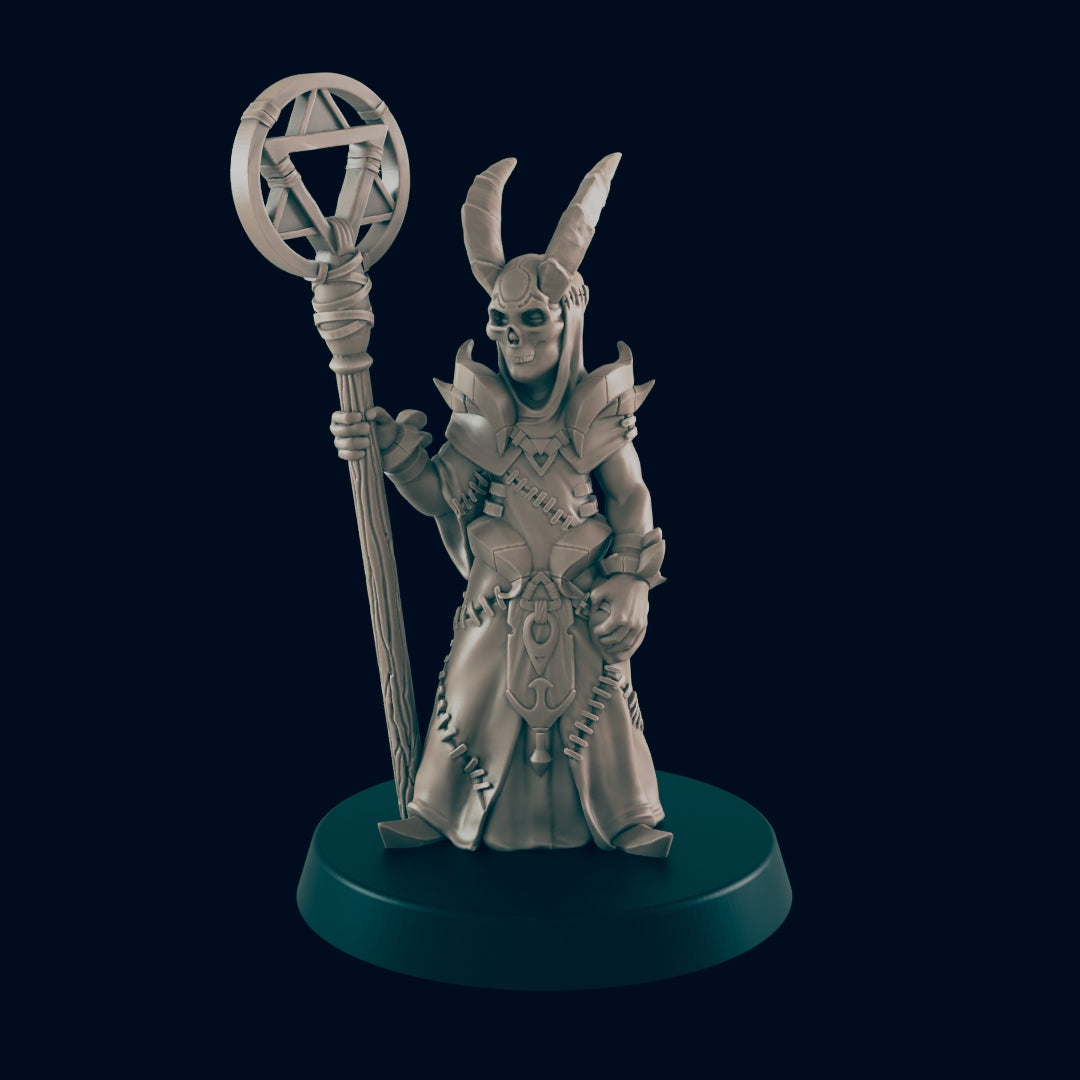 A horned skeleton figure stands on a round base, holding a staff topped with a geometric design. The figure wears detailed armor, set against a dark background.