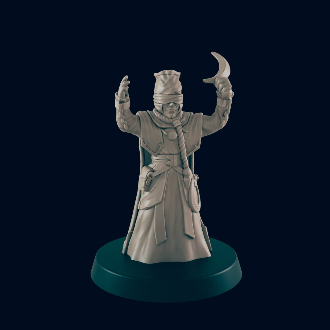 A statue of a blindfolded mage stands on a round base, holding a crescent moon aloft with one hand, set against a dark background.