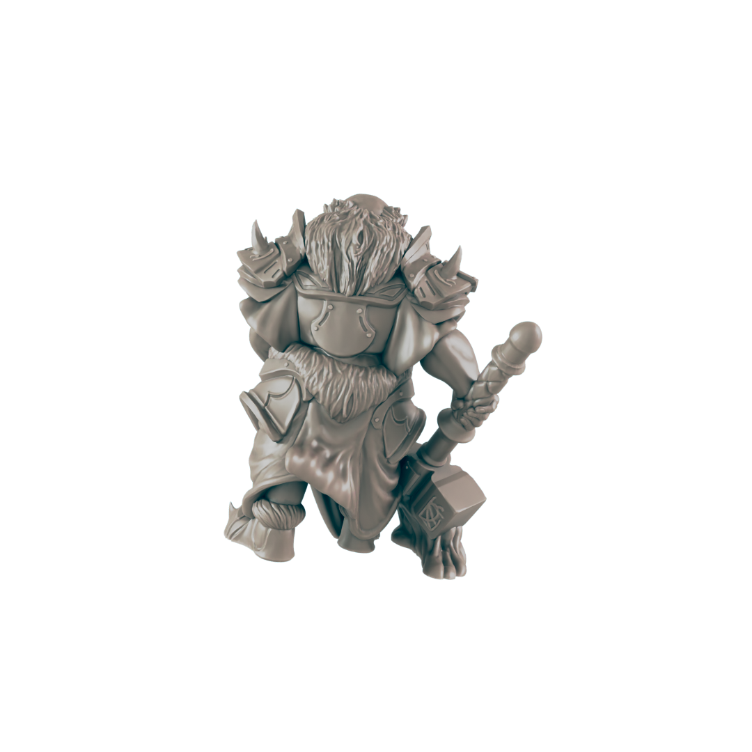 A dwarven miniature figure, wielding a warhammer, stands against a black background.
