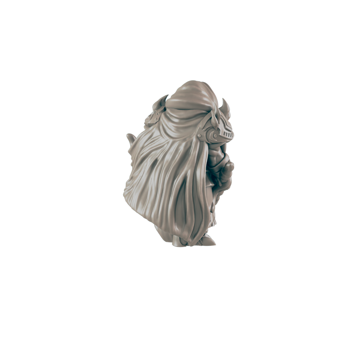 A miniature figurine of a cloaked knight stands against a dark background. The knight appears to be in a three-quarter view, suggesting action or movement.