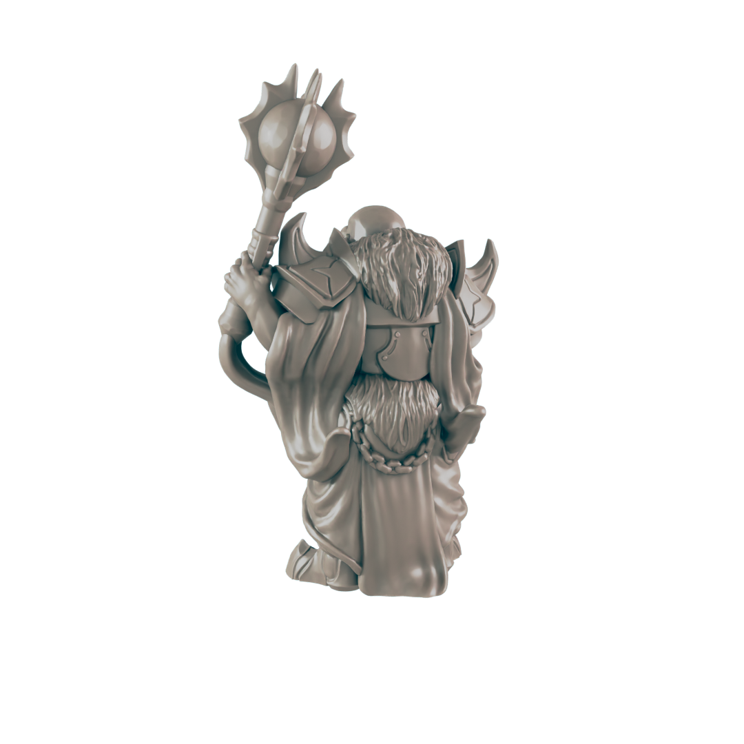 A miniature figure of a robed, bearded figure holds a spiked orb aloft. The figure is possibly a wizard or cleric. The background is black.