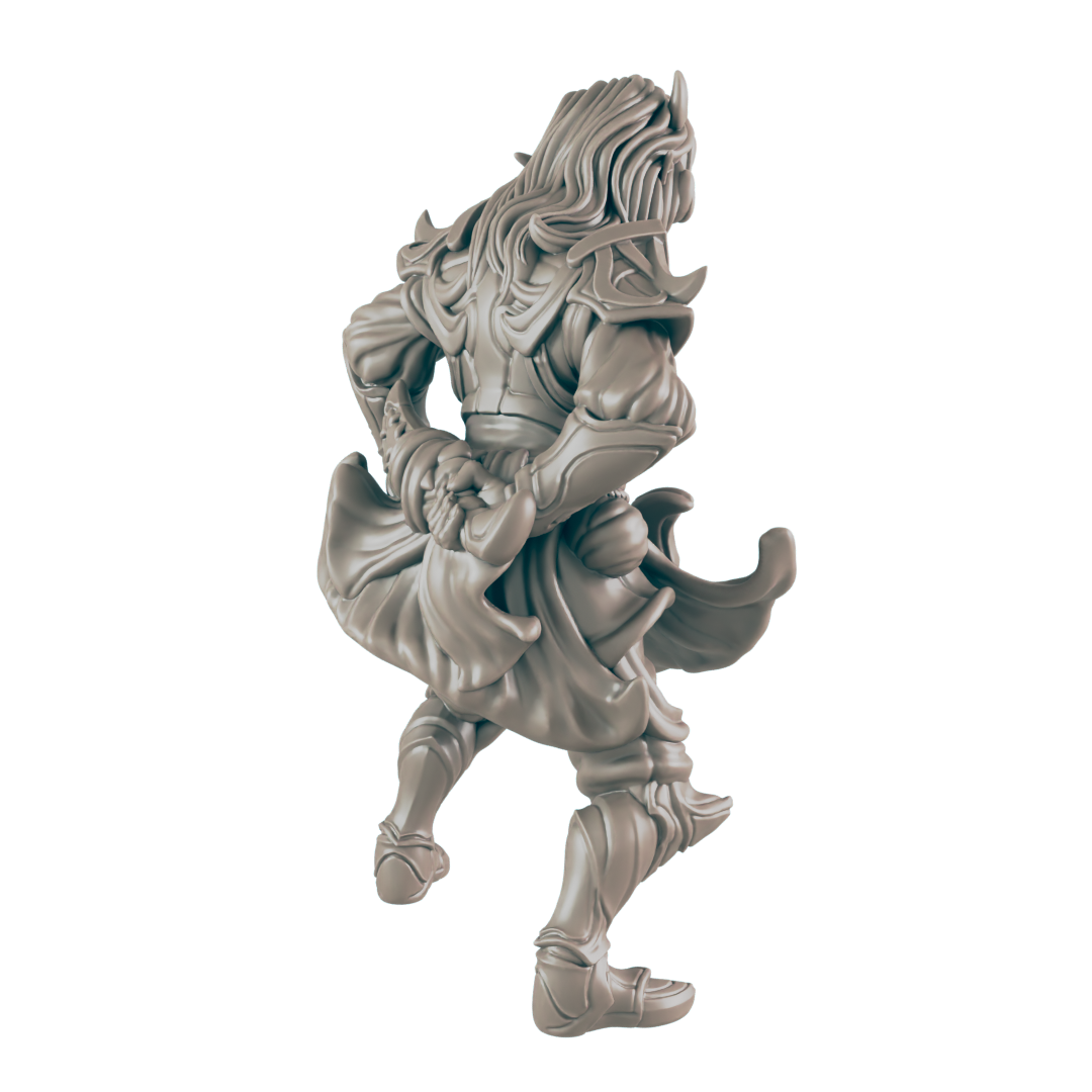 A sculpted figurine of a warrior, seemingly in motion, is seen from behind against a dark background. The figure wears armor and flowing robes, holding a weapon at its back.