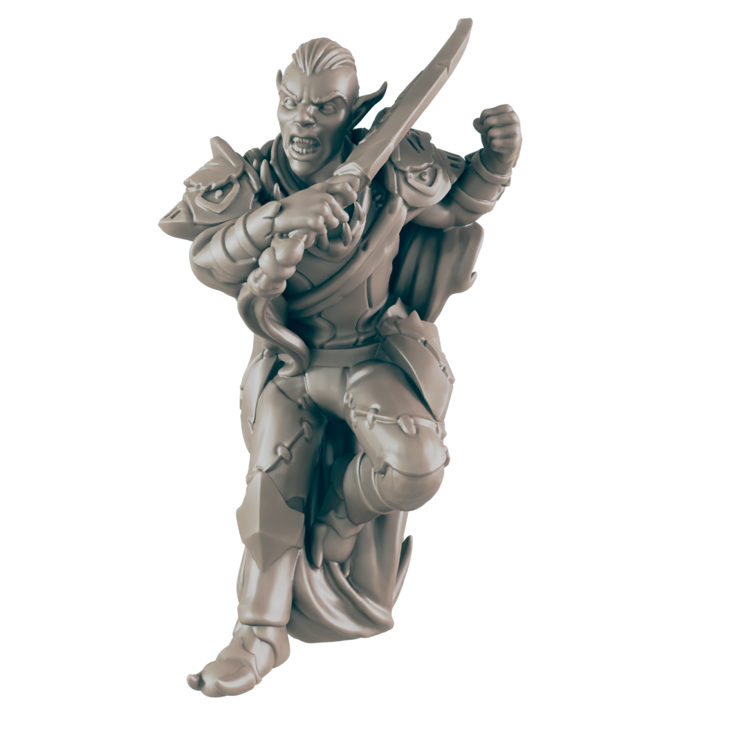 A light-grey Orc miniature lunges forward with a sword in hand and a snarl on its face, set against a black background. It wears armor.