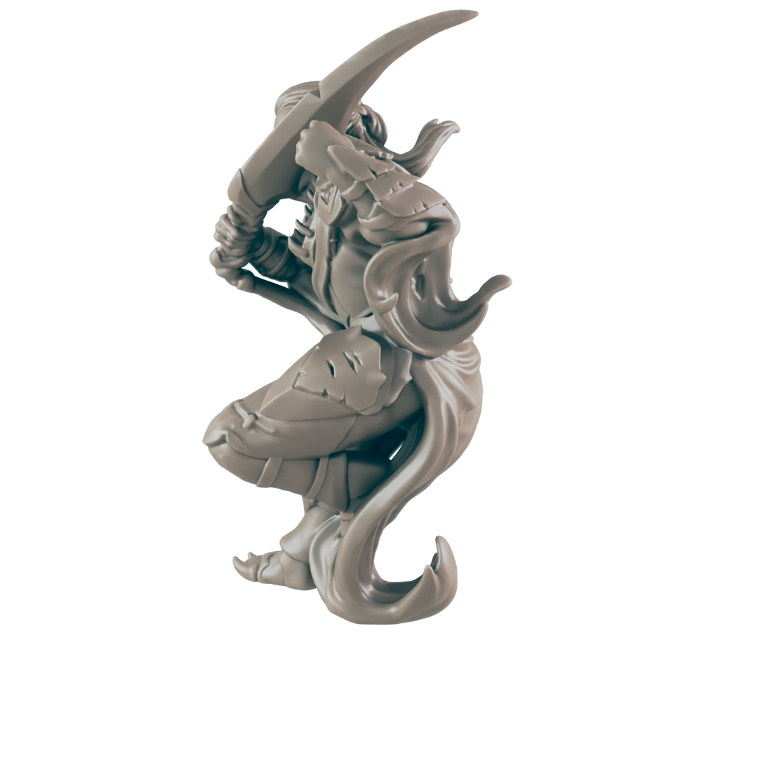 A miniature figurine, appearing to be a female elf, wields a curved blade in a crouching defensive posture against a dark background.