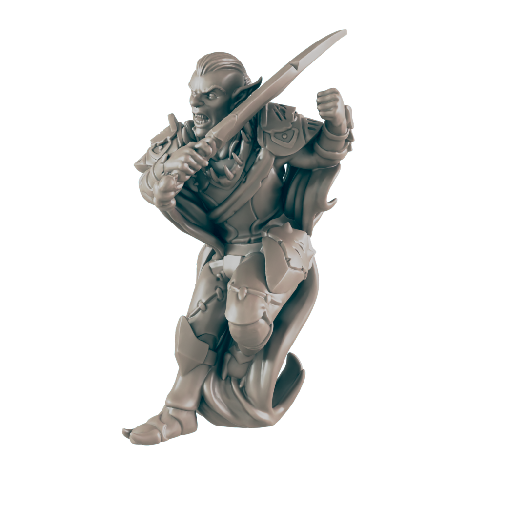 A miniature goblinoid figure, wielding a long, slender sword, attacks dynamically against a dark background.