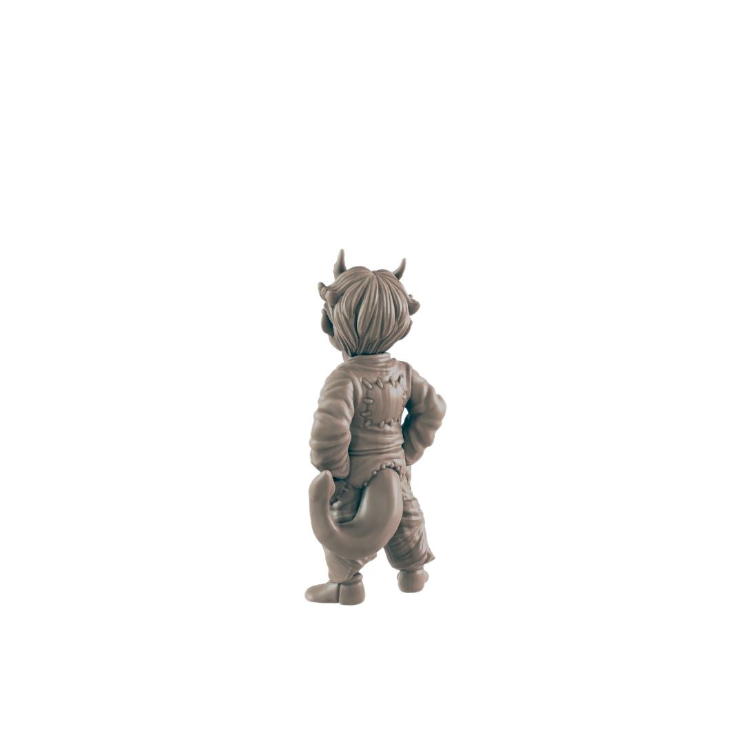 A small, tan figurine of a horned, tailed creature stands with hands on hips against a dark background.