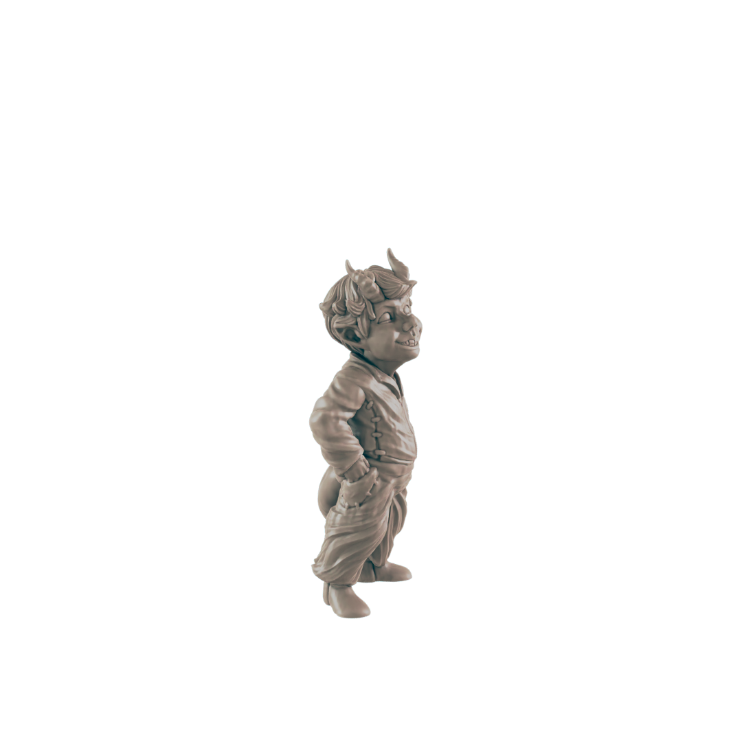 A small, horned imp figurine stands, hands in pockets, against a black background.