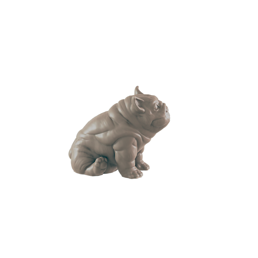 A small, light-brown bulldog figurine sits on a dark background.