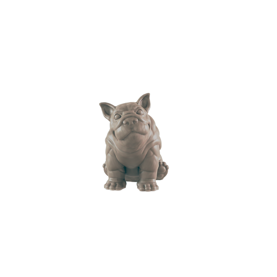 A French Bulldog figurine sits on a dark background.