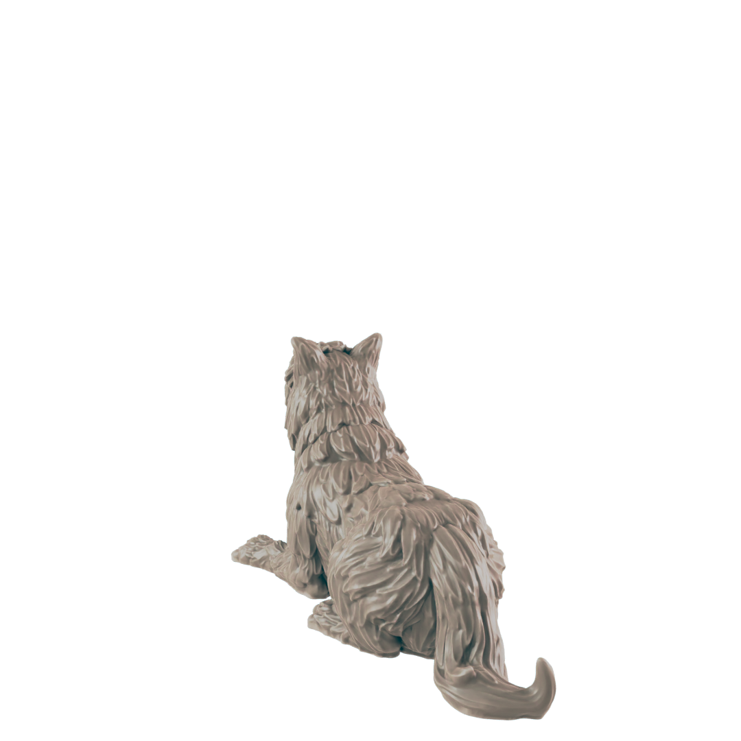 A sculpted wolf figurine rests on a dark surface, its back to the viewer, against a plain black background.