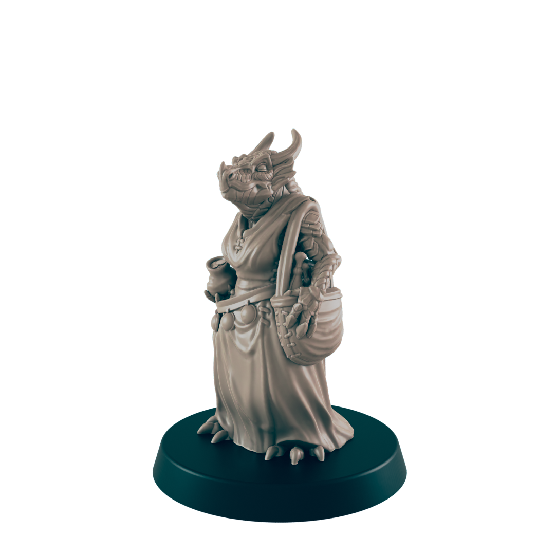 A dragon-like figurine stands, holding a pot and basket. It wears a robe and is positioned on a dark circular base.