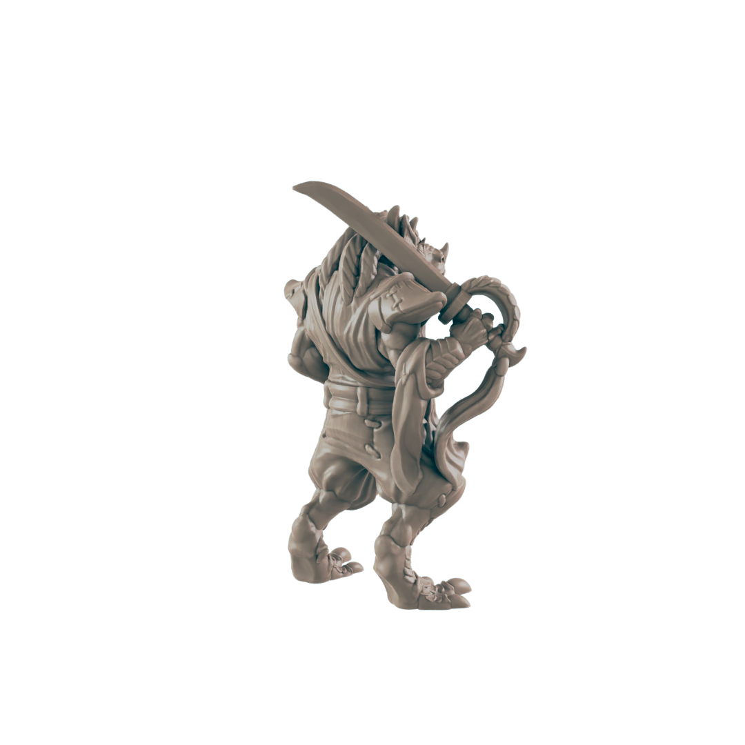 A miniature humanoid figure, wielding a katana, stands against a dark background.