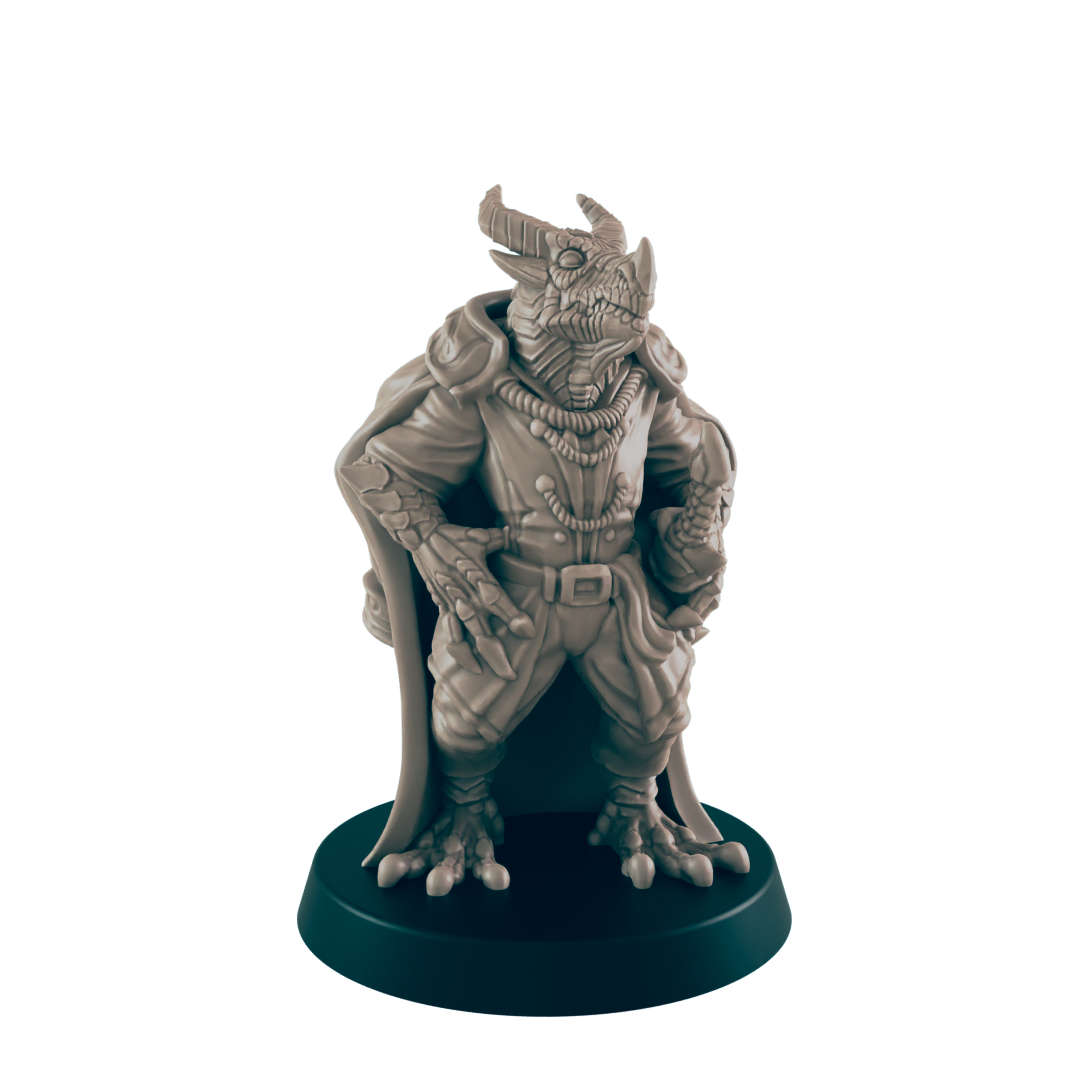 A reptilian humanoid miniature stands on a circular base; it wears a long coat and appears to be in a poised, possibly expectant pose.