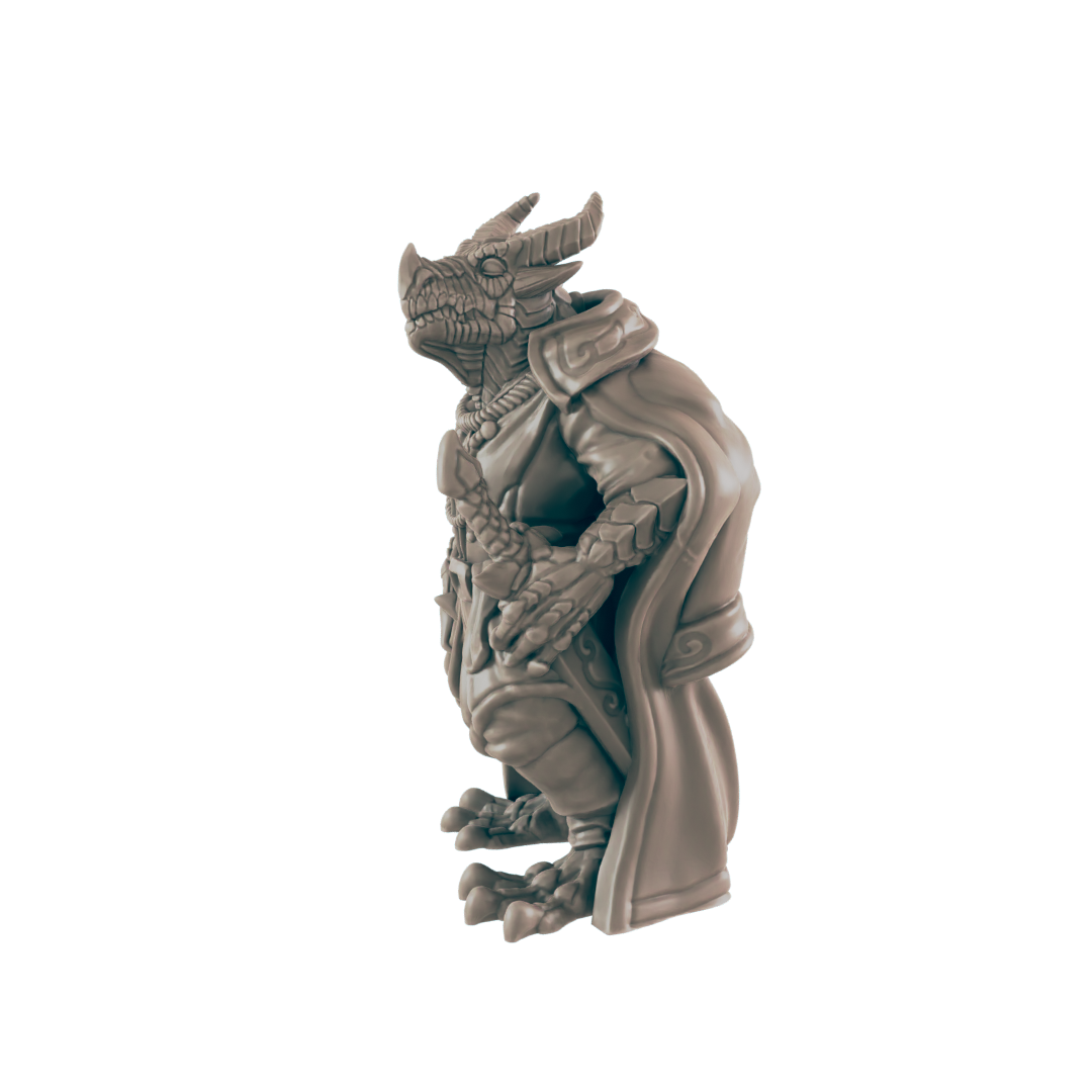 A dragon-like figurine stands against a dark background. It wears a cloak and seems to be in a contemplative pose.