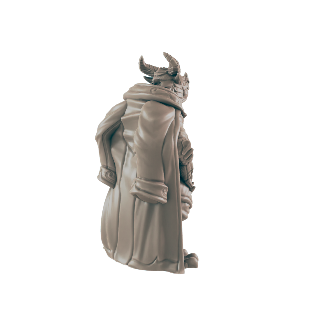 A miniature figurine of a horned figure stands, wearing a long coat, against a dark background.