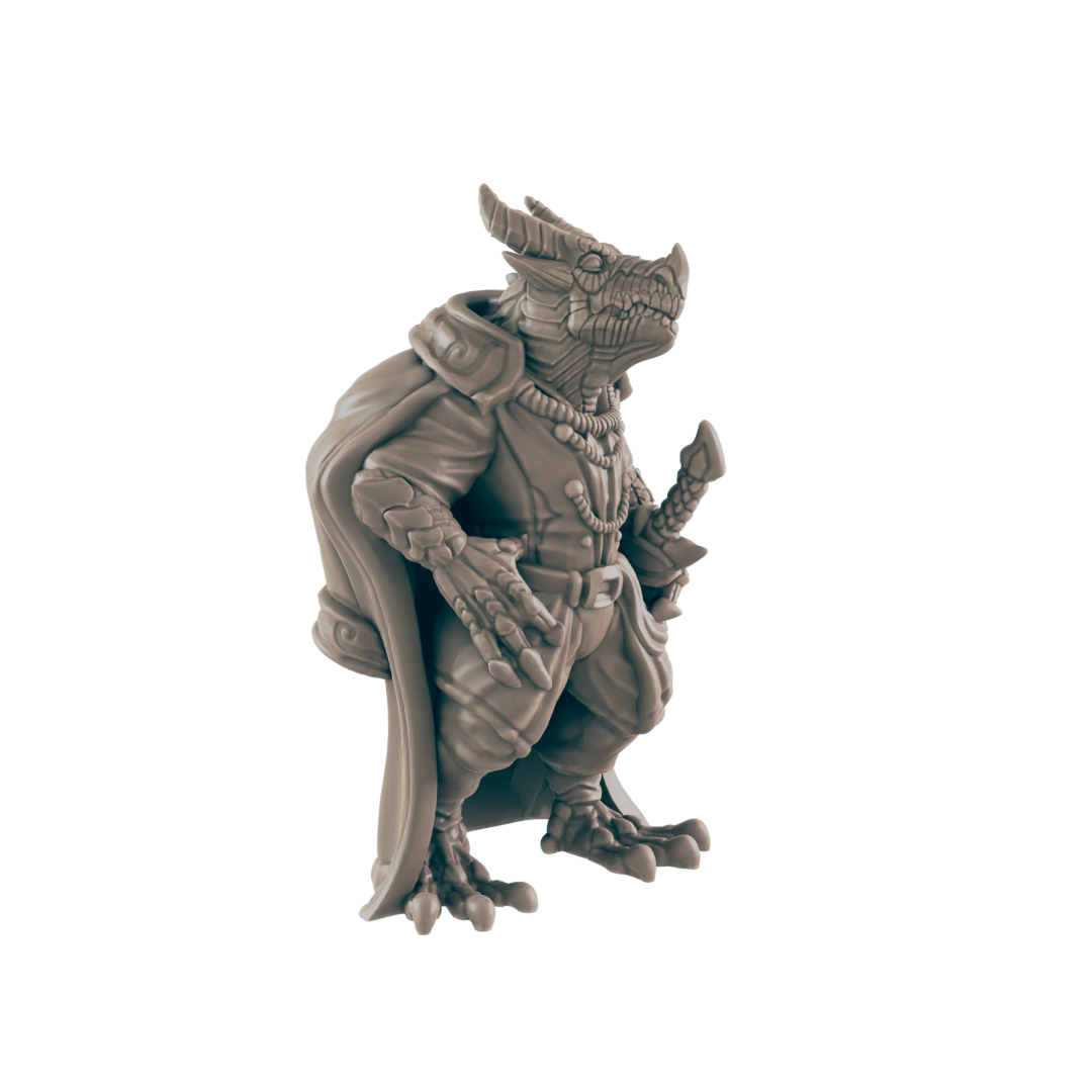 A dragon-like humanoid figurine stands, garbed in a cloak and ornate clothing, against a black background.