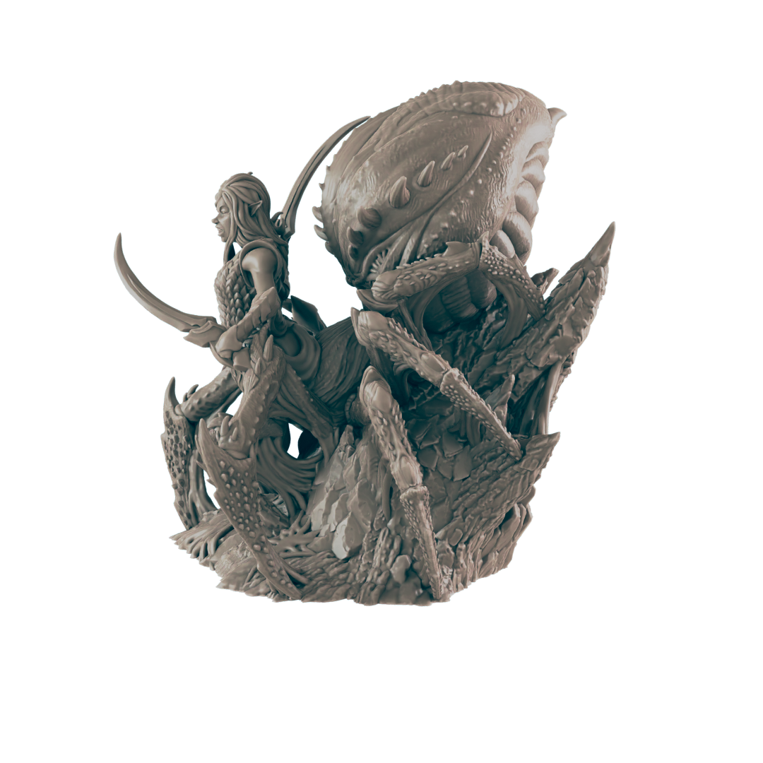 An elf sits atop a large spider-like creature; both are sculpted in gray, positioned on a rocky base.