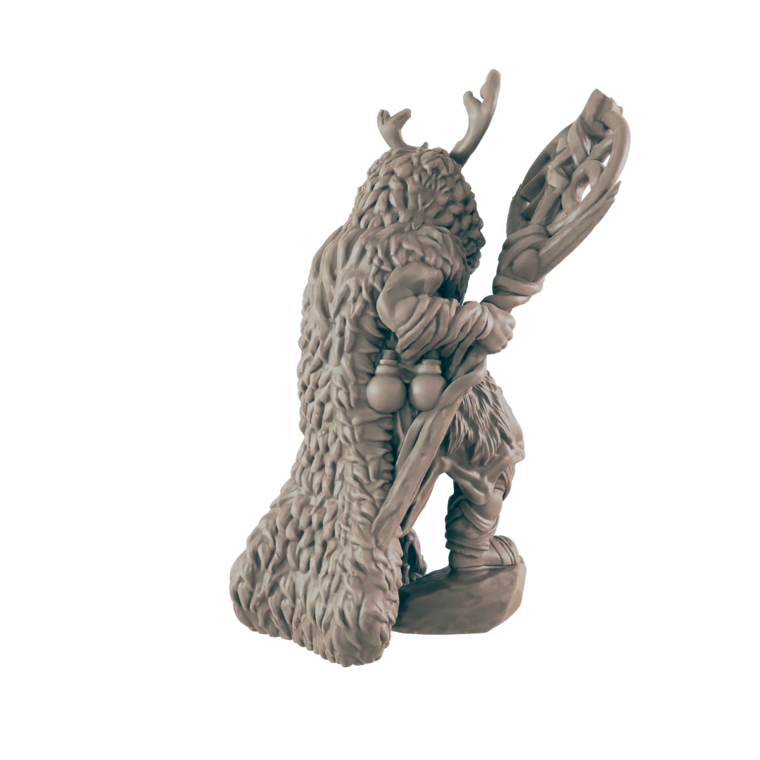 A yeti-like figure stands, holding a large paddle. Antlers sit atop the figure's head, and two bulbs hang on its waist. A black background surrounds it.