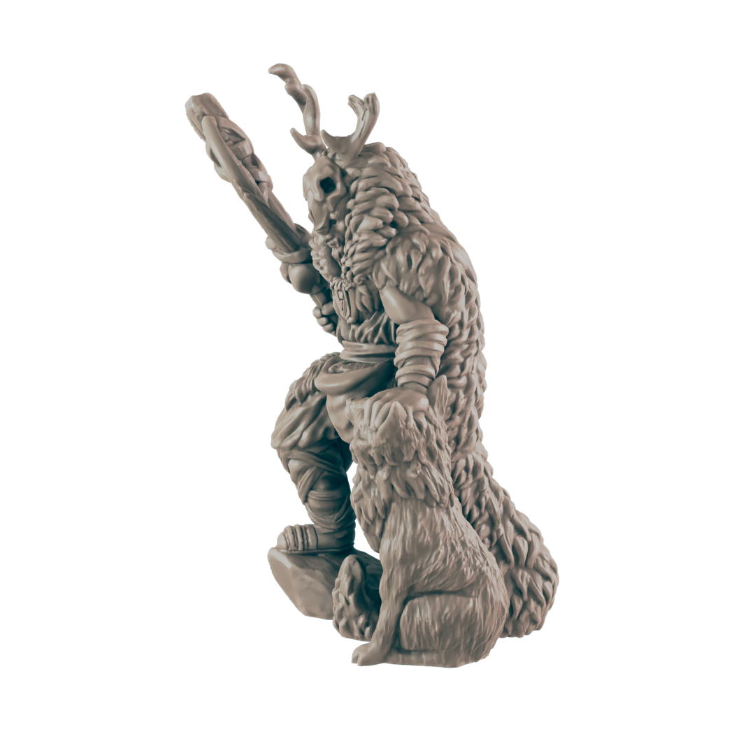 A humanoid with a deer skull mask stands with a staff and a wolf on a rock. The figure appears to wear fur and bandages. The background is dark.