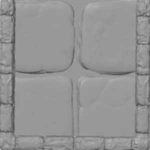 Four large, smoothed stones arranged in a square are surrounded by a border made of many smaller stones. The arrangement presents a gray, top-down perspective.