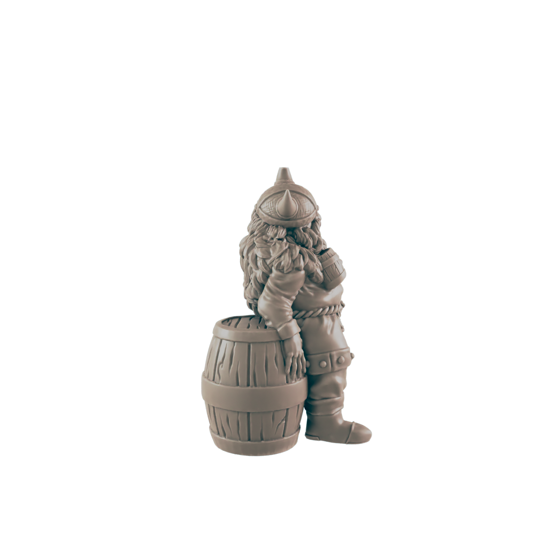 A dwarven figurine stands beside a barrel against a dark background.