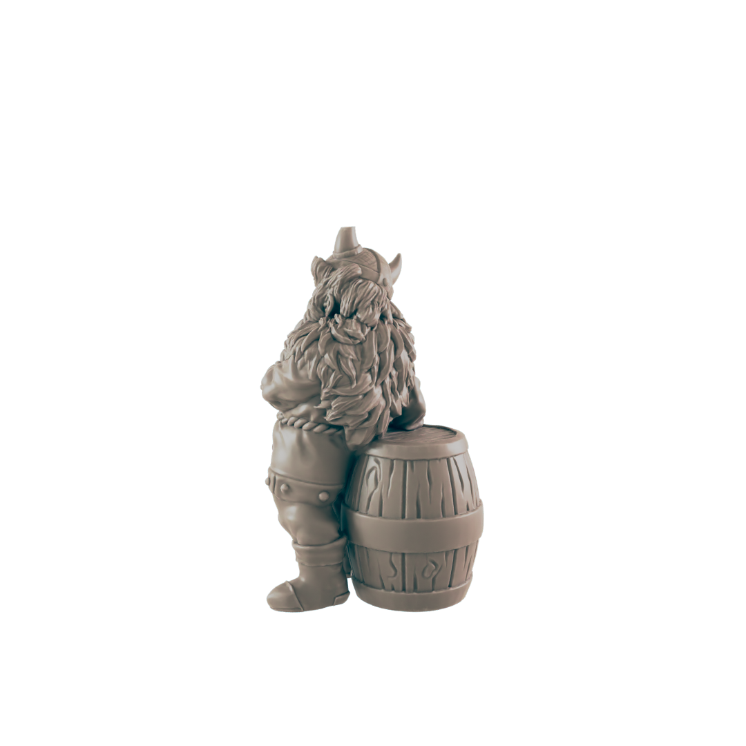 A miniature dwarf figure, dressed as a Viking, leans against a small barrel. The scene is set against a plain dark background.