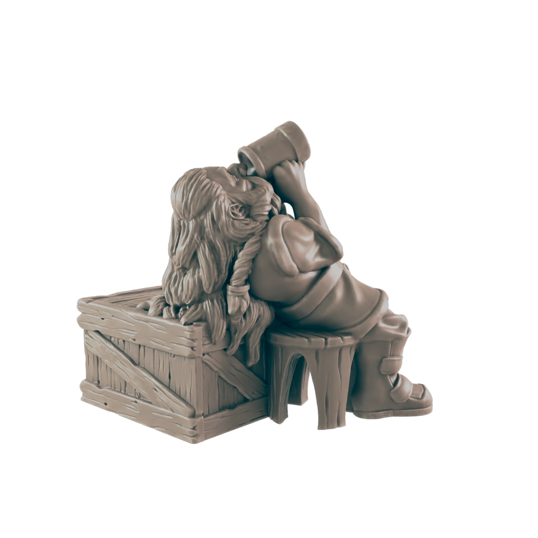 A female dwarf drinks from a large mug while seated on a stool with her back against a wooden crate.