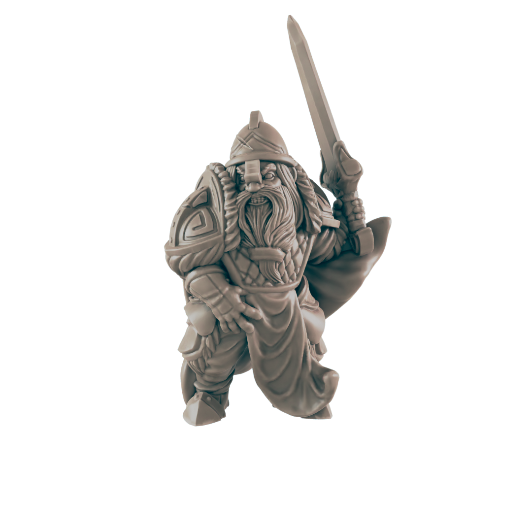 A grey, detailed dwarf figurine raises a sword. It wears a helmet, armor, and a robe in a black background.