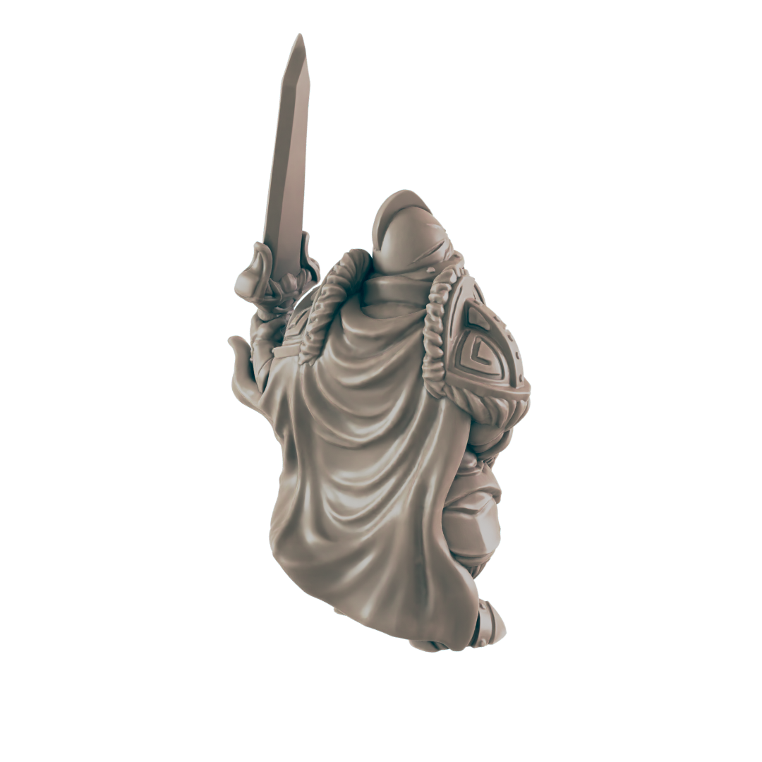 A figurine stands, raising a sword overhead. The figure wears ornate armor and a cloak. The figurine is on a black background.
