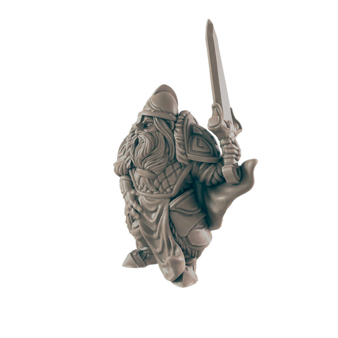 A miniature dwarf warrior figure, wielding a sword, stands against a dark background.