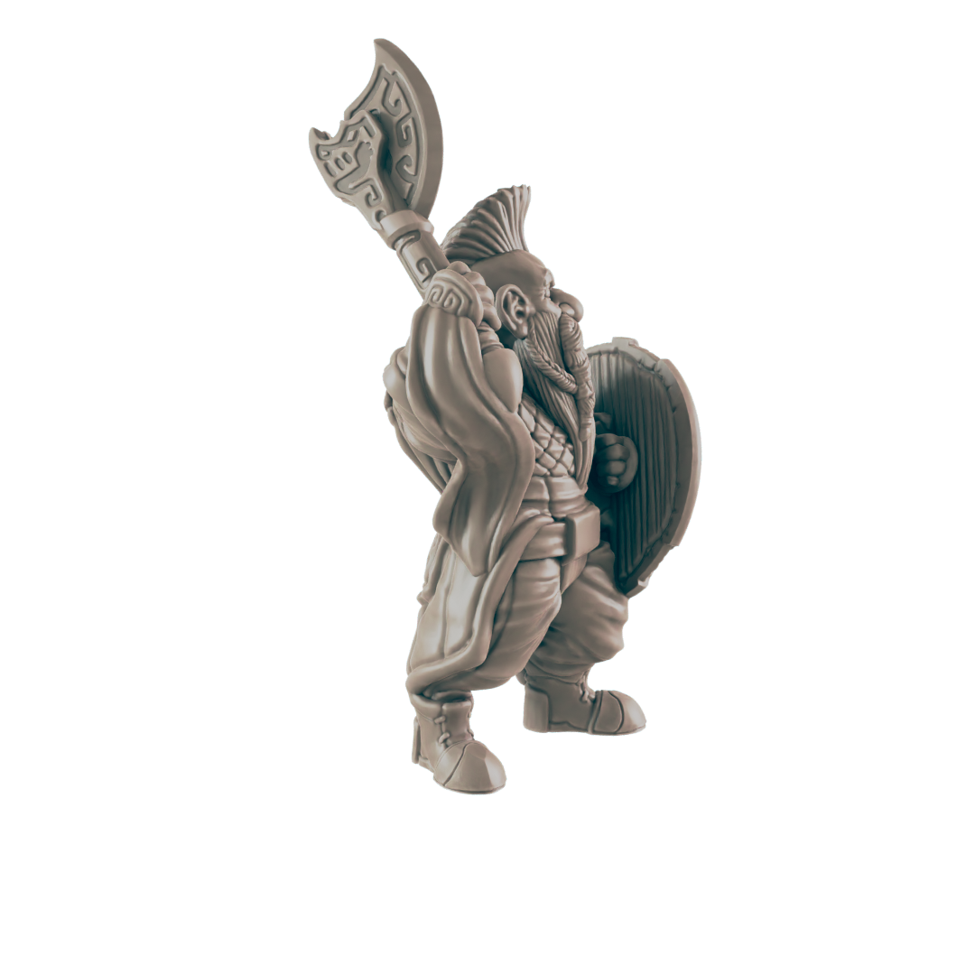 A dwarf miniature wields a large axe and shield, standing in a three-quarter view against a black background.