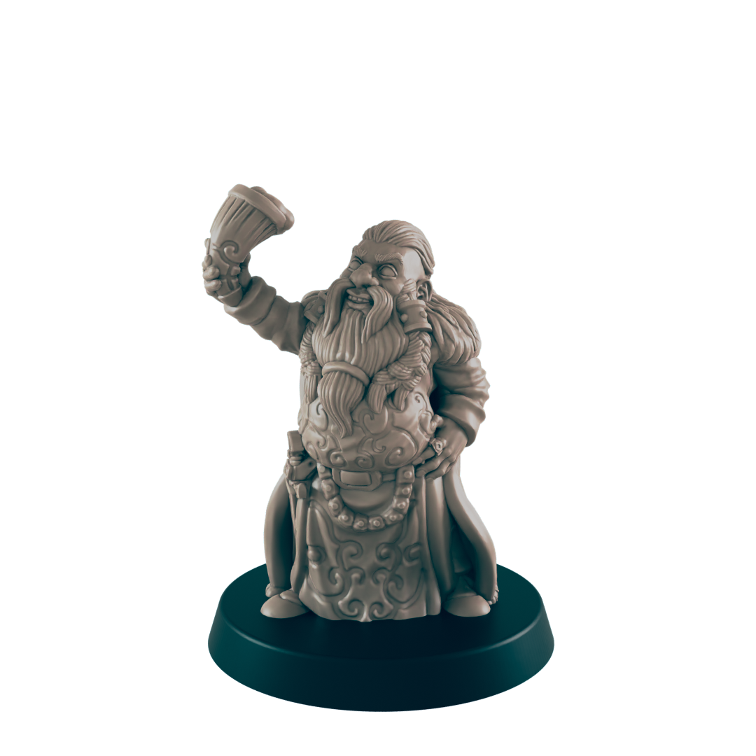 A small gray figure, probably plastic, of a dwarf raises a drinking horn against a black background. The figure stands on a small, round base.