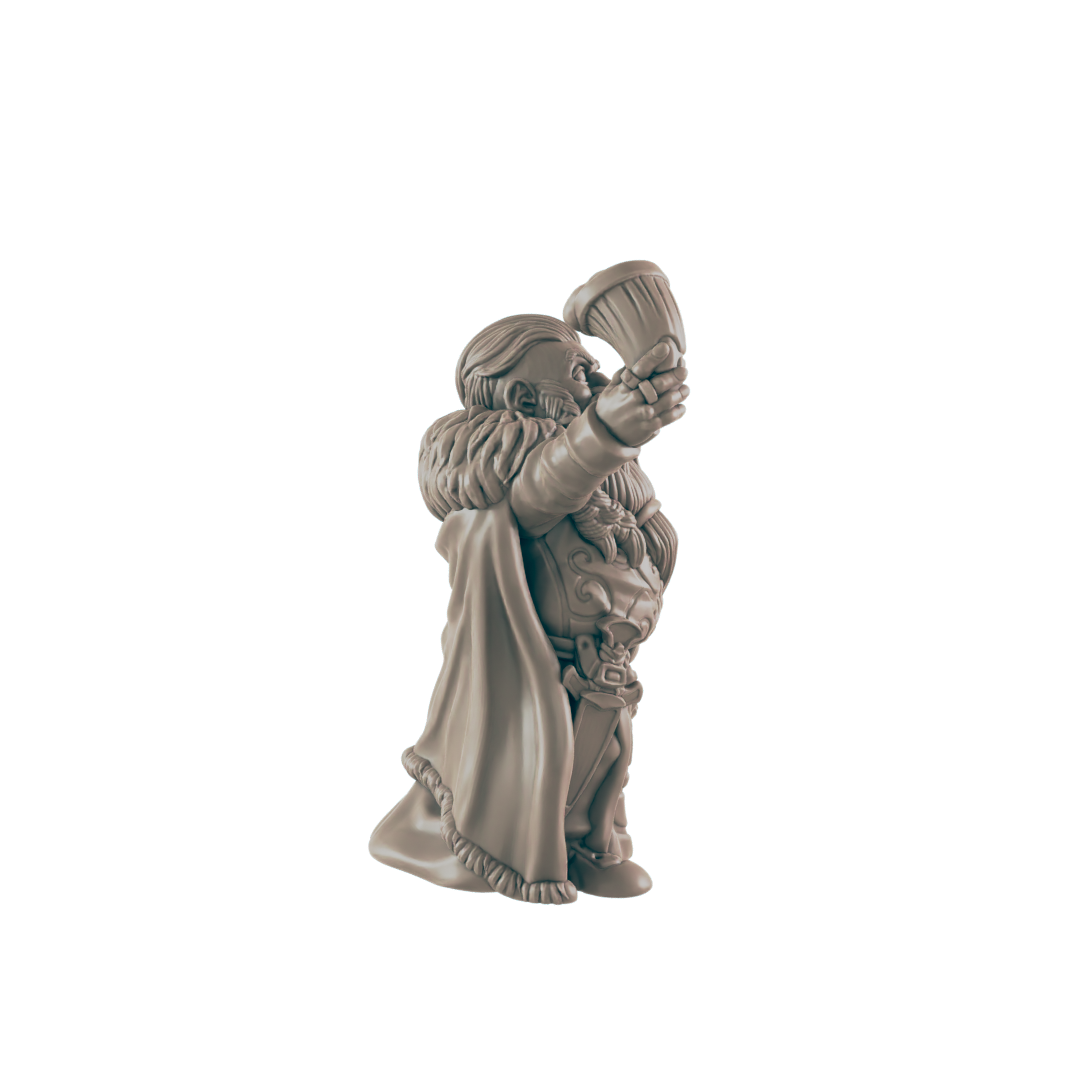A gray, miniature, dwarven-like figure stands, holding a goblet high, wearing an ornate cloak and breastplate in front of a black background.