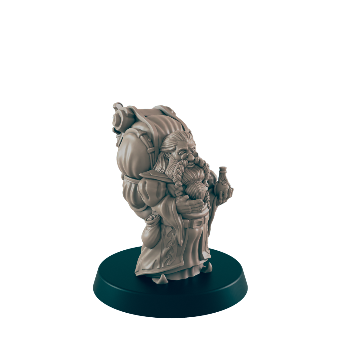 A dwarf miniature stands on a dark green platform. It wears a pack, and holds a bottle while wearing a long, decorative robe.